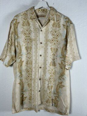 Tommy Bahama Mens Silk Paisley Button Up Shirt Large Ivory/Gold Short Sleeve
